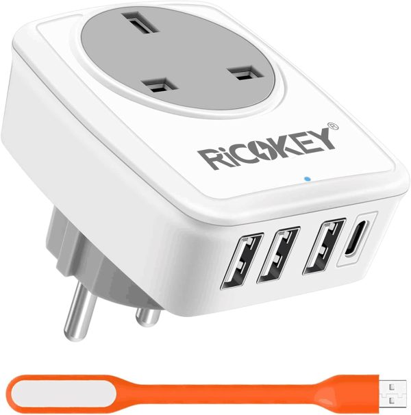 Europe Plug Adaptor with USB C, Grounded European Power Adapter 4 USB Wall Charger